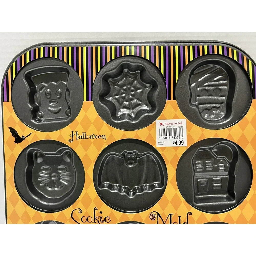 Halloween Cookie Pan 12 Spooky Shapes Ghost Frankenstein Bat‎ Cat Spider New